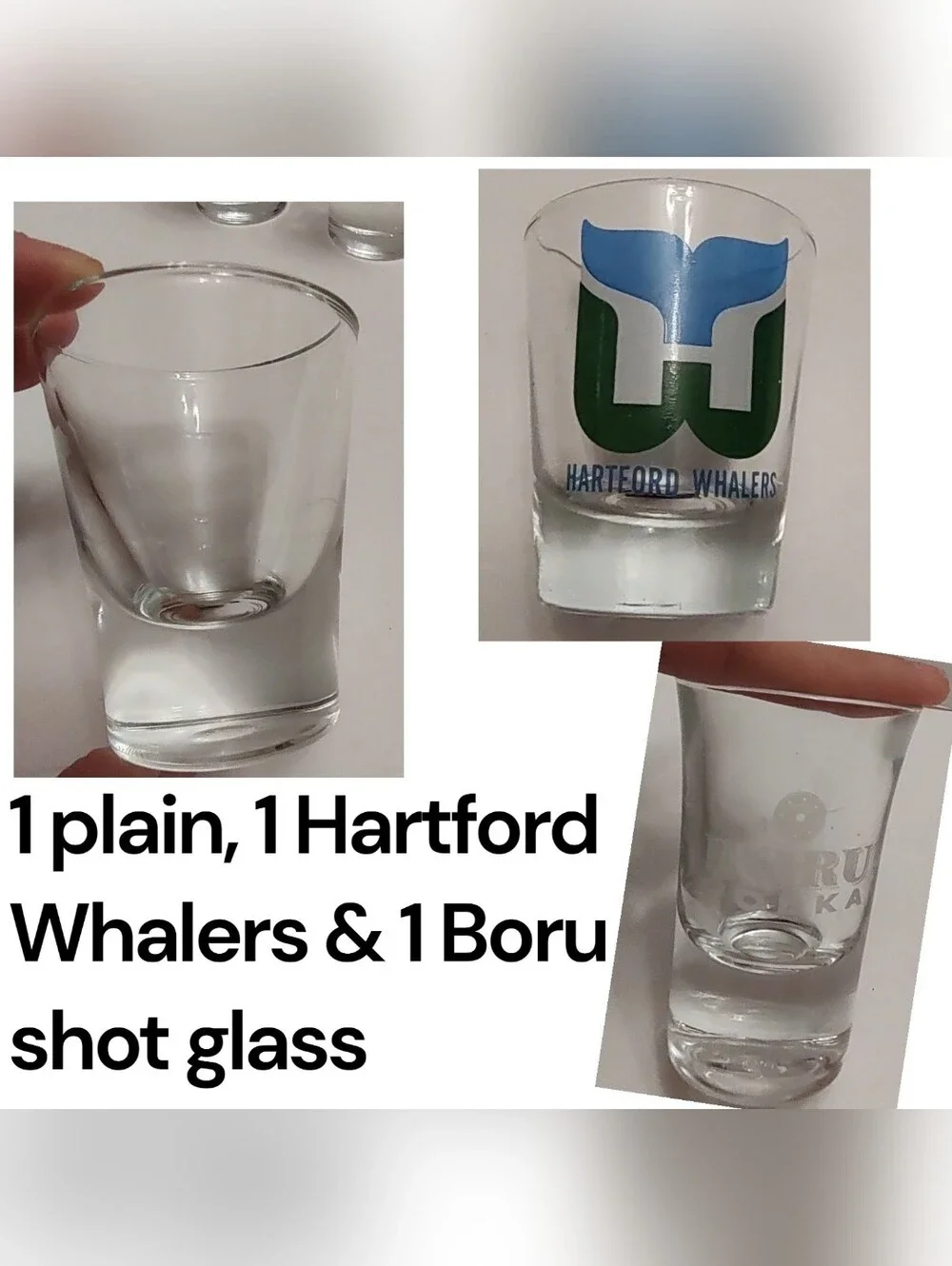 7pc Shot Glass Lot Hartford Whalers NHL, Chicago, Paris, Boru Bar Glasses Bundle